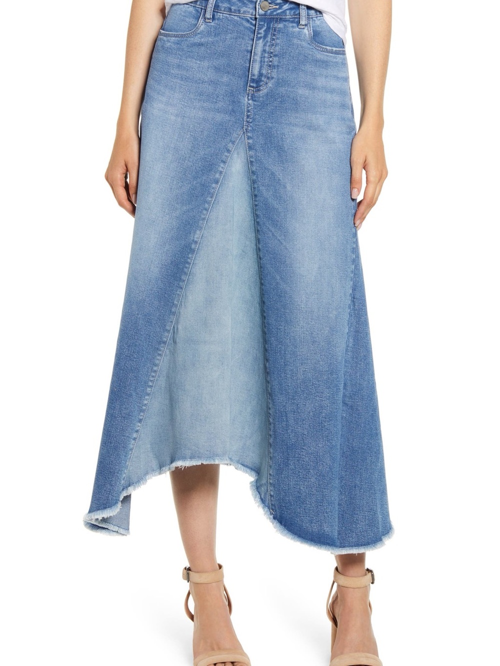 Wash Lab Denim Selma Pieced Maxi Skirt Two-Tone Asymmetric Hem Size 25 NWOT